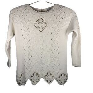 Debra Lubell Small Woman's Crochet Heavy Sweater Cable Knit Cream Pearl Boho